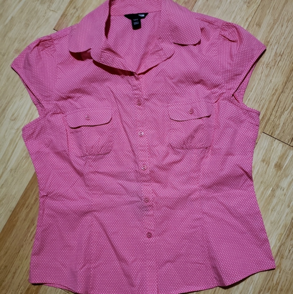 Vintage pink polka dot cap sleeved button down top